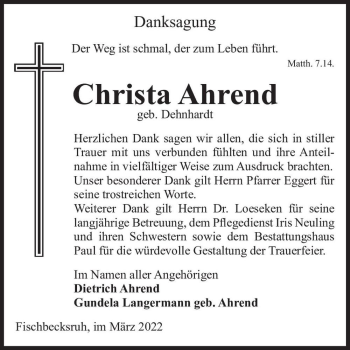 Traueranzeige von Christa Ahrend (geb. Dehnhardt)  von Magdeburger Volksstimme