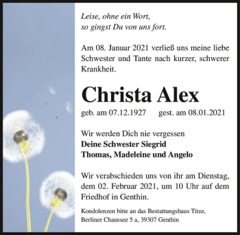 Traueranzeige von Christa Alex  von Magdeburger Volksstimme