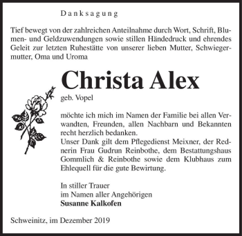 Traueranzeige von Christa Alex (geb. Vopel)  von Magdeburger Volksstimme