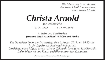 Traueranzeige von Christa Arnold (geb. Philadelphia)  von Magdeburger Volksstimme