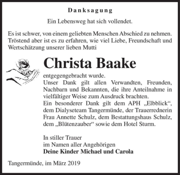 Traueranzeige von Christa Baake  von Magdeburger Volksstimme