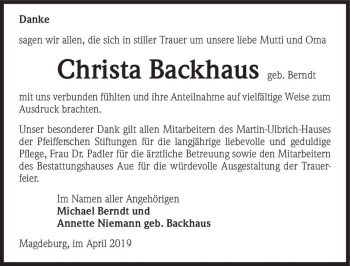 Traueranzeige von Christa Backhaus (geb. Berndt)  von Magdeburger Volksstimme