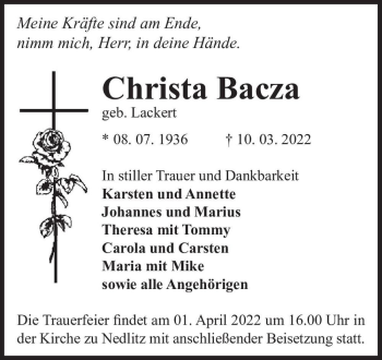 Traueranzeige von Christa Bacza (geb. Lackert)  von Magdeburger Volksstimme