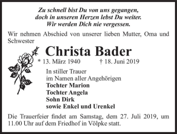 Traueranzeige von Christa Bader  von Magdeburger Volksstimme