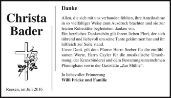 Traueranzeige von Christa Bader  von Magdeburger Volksstimme