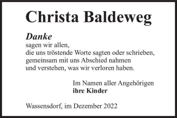 Traueranzeige von Christa Baldeweg  von Magdeburger Volksstimme