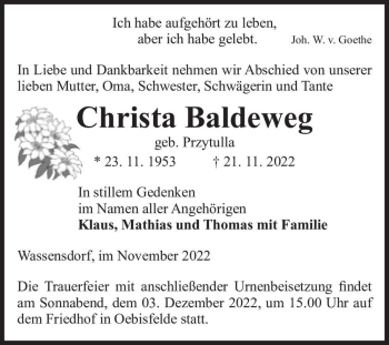 Traueranzeige von Christa Baldeweg (geb. Przytulla)  von Magdeburger Volksstimme