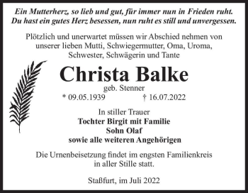 Traueranzeige von Christa Balke (geb. Stenner)  von Magdeburger Volksstimme