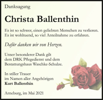 Traueranzeige von Christa Ballenthin  von Magdeburger Volksstimme