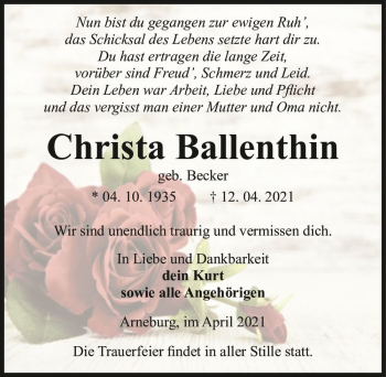 Traueranzeige von Christa Ballenthin (geb. Becker)  von Magdeburger Volksstimme