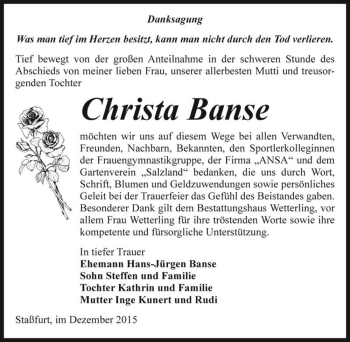 Traueranzeige von Christa Banse  von Magdeburger Volksstimme