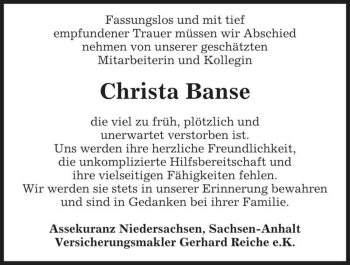 Traueranzeige von Christa Banse  von Magdeburger Volksstimme