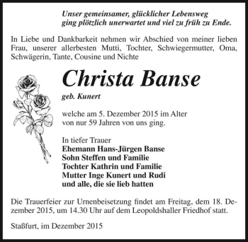 Traueranzeige von Christa Banse (geb. Kunert)  von Magdeburger Volksstimme