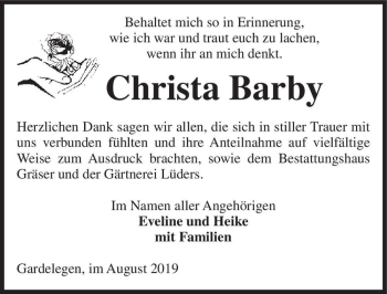 Traueranzeige von Christa Barby  von Magdeburger Volksstimme