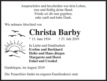 Traueranzeige von Christa Barby  von Magdeburger Volksstimme