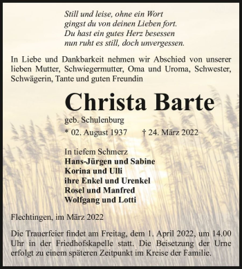 Traueranzeige von Christa Barte (geb. Schulenburg)  von Magdeburger Volksstimme