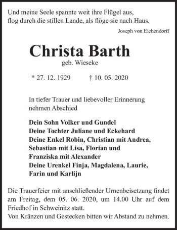 Traueranzeige von Christa Barth (geb. Wieseke)  von Magdeburger Volksstimme