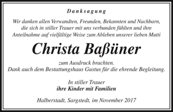 Traueranzeige von Christa Baßüner  von Magdeburger Volksstimme