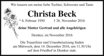 Traueranzeige von Christa Beck  von Magdeburger Volksstimme