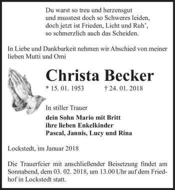 Traueranzeige von Christa Becker  von Magdeburger Volksstimme