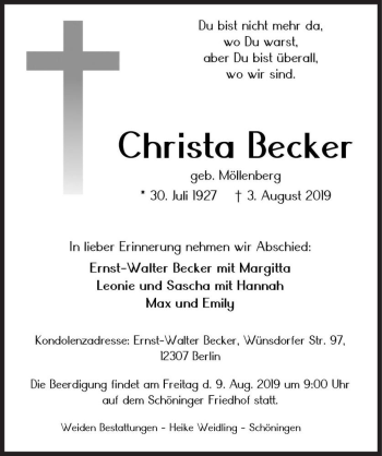 Traueranzeige von Christa Becker (geb. Möllenberg)  von Magdeburger Volksstimme