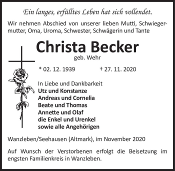 Traueranzeige von Christa Becker (geb. Wehr)  von Magdeburger Volksstimme