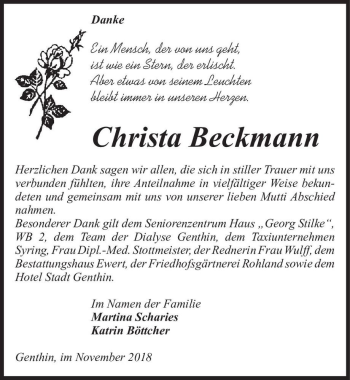 Traueranzeige von Christa Beckmann  von Magdeburger Volksstimme