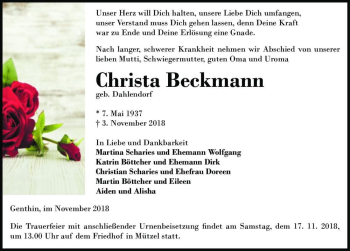 Traueranzeige von Christa Beckmann (geb. Dahlendorf)  von Magdeburger Volksstimme