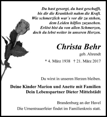 Traueranzeige von Christa Behr (geb. Ahrendt)  von Magdeburger Volksstimme