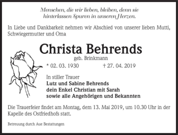 Traueranzeige von Christa Behrends (geb. Brinkmann)  von Magdeburger Volksstimme
