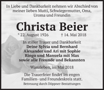 Traueranzeige von Christa Beier  von Magdeburger Volksstimme