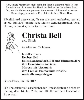 Traueranzeige von Christa Bell (geb. Ulrich)  von Magdeburger Volksstimme