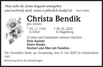 Traueranzeige von Christa Bendik (geb. Schultz)  von Magdeburger Volksstimme