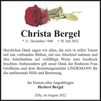 Traueranzeige von Christa Bergel  von Magdeburger Volksstimme