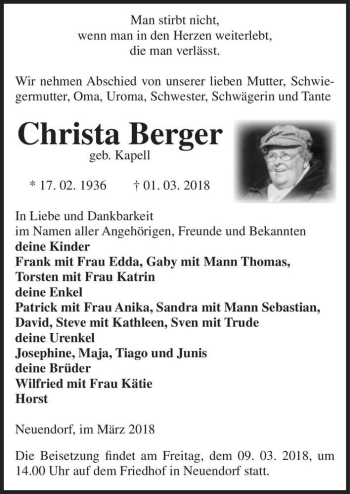 Traueranzeige von Christa Berger (geb. Kapell)  von Magdeburger Volksstimme