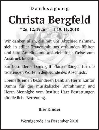 Traueranzeige von Christa Bergfeld  von Magdeburger Volksstimme