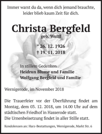 Traueranzeige von Christa Bergfeld (geb. Wulff)  von Magdeburger Volksstimme