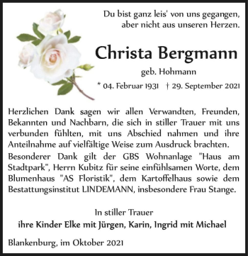 Traueranzeige von Christa Bergmann (geb. Hohmann)  von Magdeburger Volksstimme