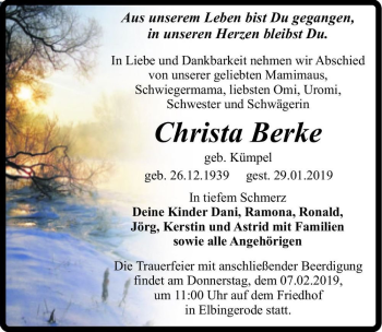 Traueranzeige von Christa Berke (geb. Kümpel)  von Magdeburger Volksstimme