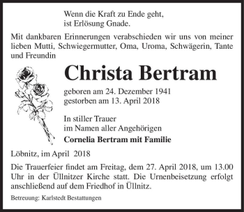 Traueranzeige von Christa Bertram  von Magdeburger Volksstimme