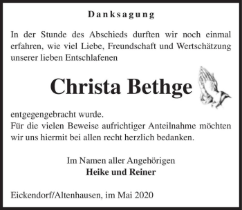 Traueranzeige von Christa Bethge  von Magdeburger Volksstimme