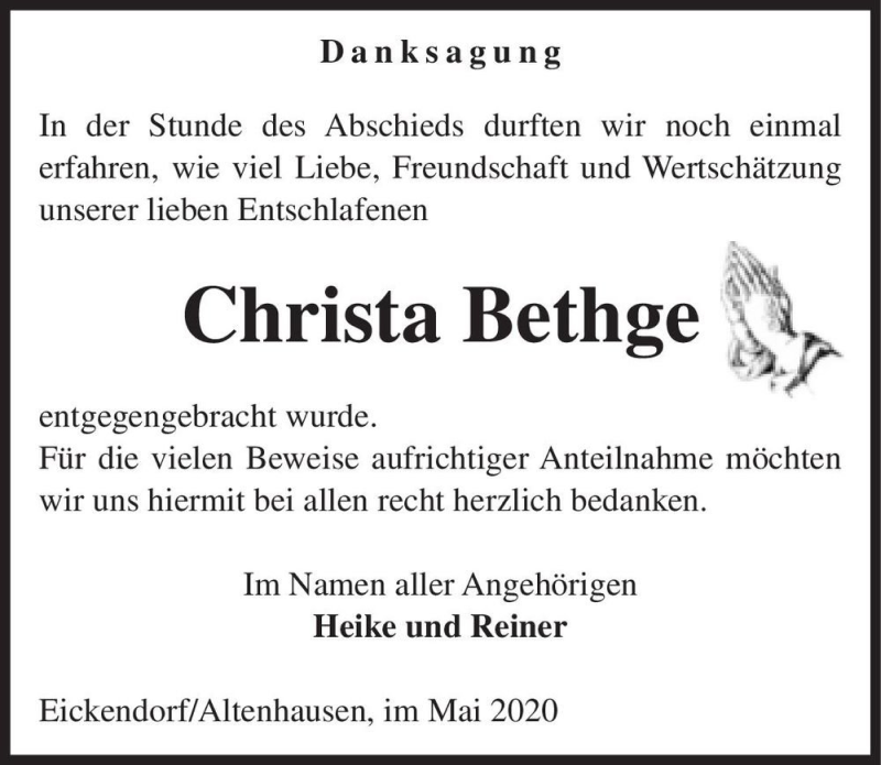  Traueranzeige für Christa Bethge  vom 05.05.2020 aus Magdeburger Volksstimme