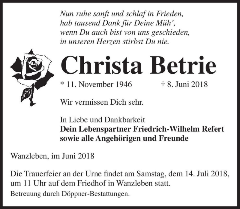  Traueranzeige für Christa Betrie  vom 30.06.2018 aus Magdeburger Volksstimme