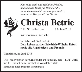 Traueranzeige von Christa Betrie  von Magdeburger Volksstimme