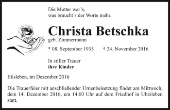 Traueranzeige von Christa Betschka (geb. Zimmermann)  von Magdeburger Volksstimme