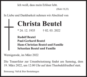 Traueranzeige von Christa Beutel  von Magdeburger Volksstimme