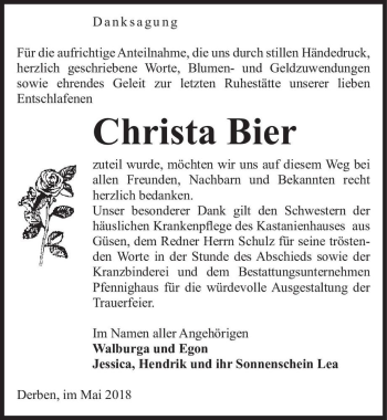 Traueranzeige von Christa Bier  von Magdeburger Volksstimme