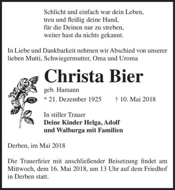 Traueranzeige von Christa Bier (geb. Hamann)  von Magdeburger Volksstimme