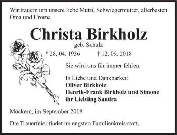 Traueranzeige von Christa Birkholz (geb. Schulz)  von Magdeburger Volksstimme