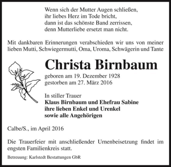 Traueranzeige von Christa Birnbaum  von Magdeburger Volksstimme